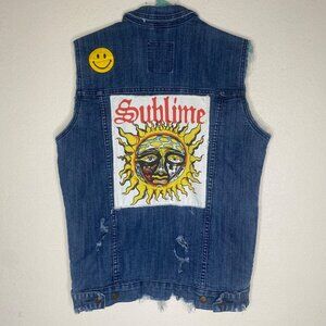 Vintage-Inspired Sublime Blue Denim Vest Jacket Adult Size S Distressed Grunge